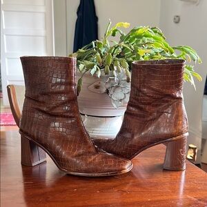 Brown Croc-Embossed Ankle Boots